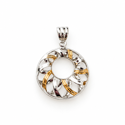 Two-tone silver and gold circular swirl pendant centered on a pure white background.