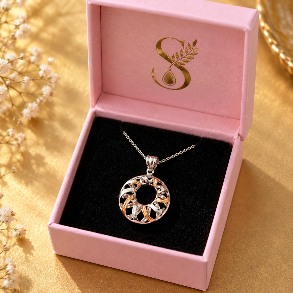 Two-tone swirl pendant resting on the black velvet interior of an open pink Silvanya box.