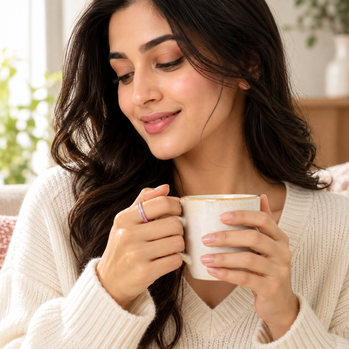 Hand wearing a delicate silver and pink enamel band ring holding a ceramic coffee mug.