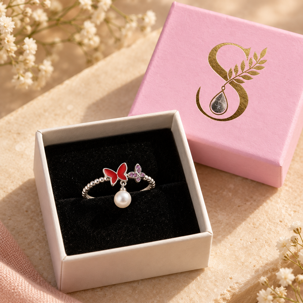 The silver butterfly and pearl ring presented inside an open pale pink Silvanya gift box with black velvet.