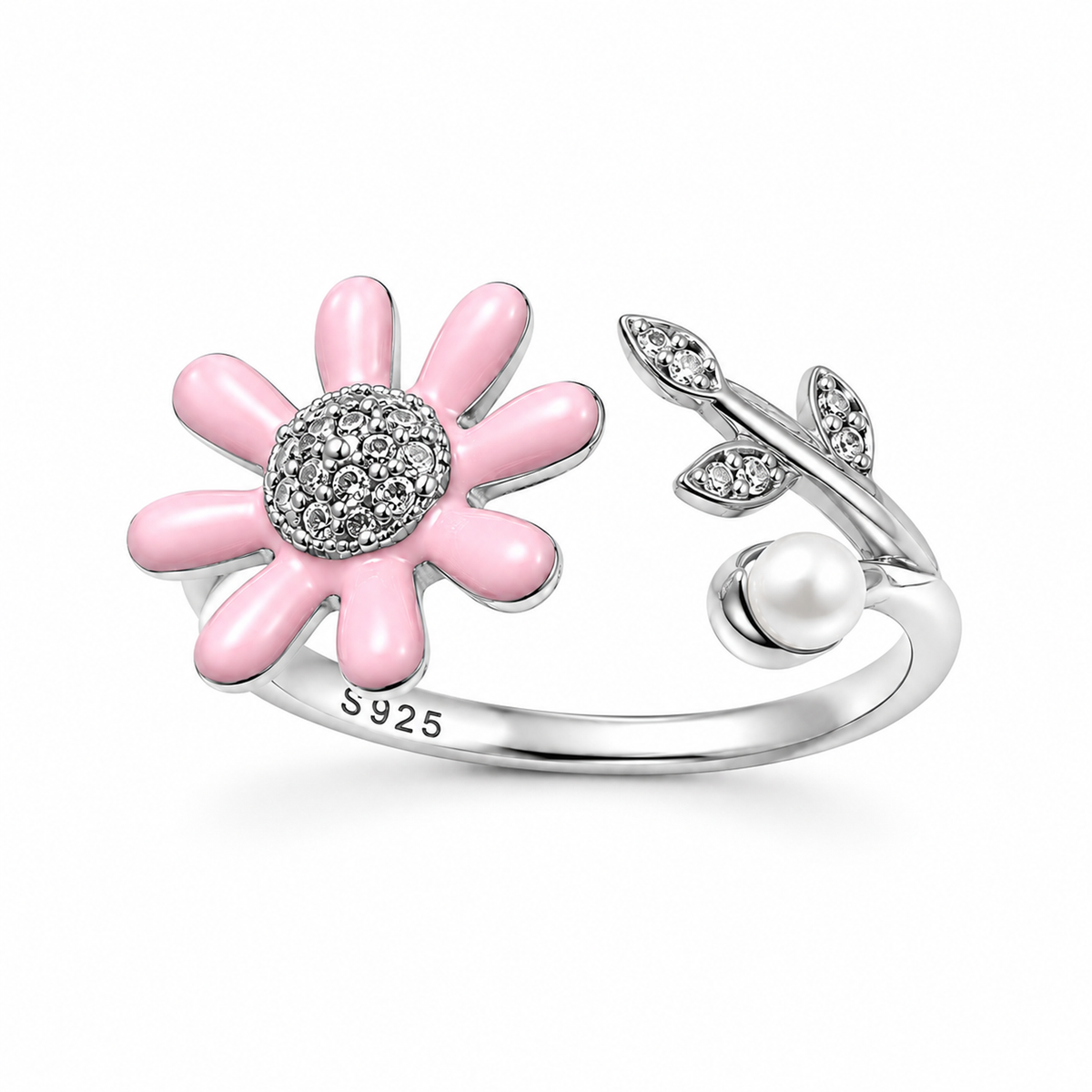 Adjustable 925 silver bypass ring with a pink enamel daisy and a white pearl on a pure white background.