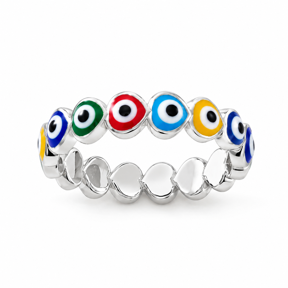 A sterling silver eternity ring made of heart outlines with multicoloured evil eye enamel motifs on a white background.