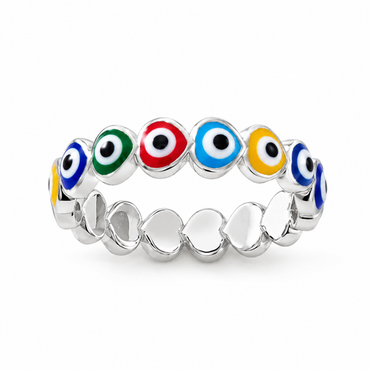 A sterling silver eternity ring made of heart outlines with multicoloured evil eye enamel motifs on a white background.