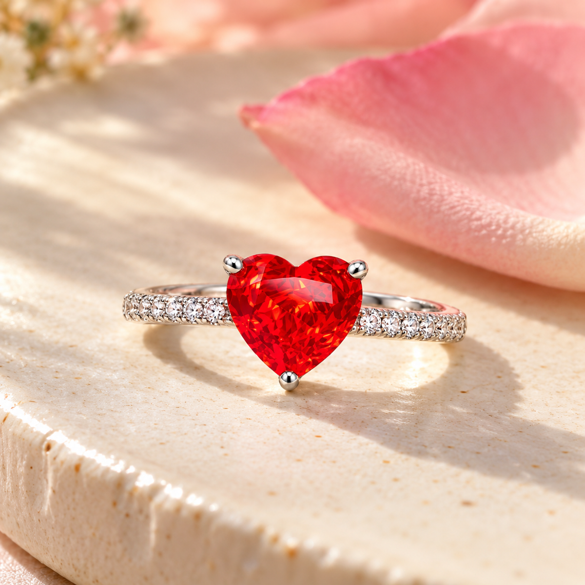 Silver heart ring on an ivory plate with a pink rose petal.