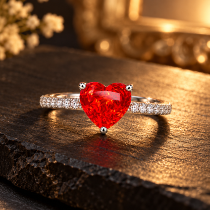 Silver ring with red heart stone on a matte black slate surface.