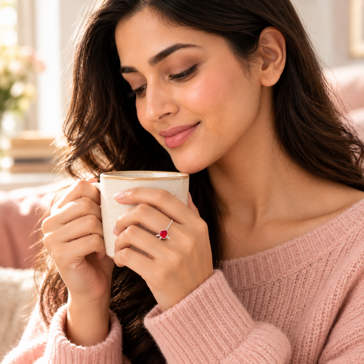 Woman in a pink sweater holding a mug, wearing a red heart ring.