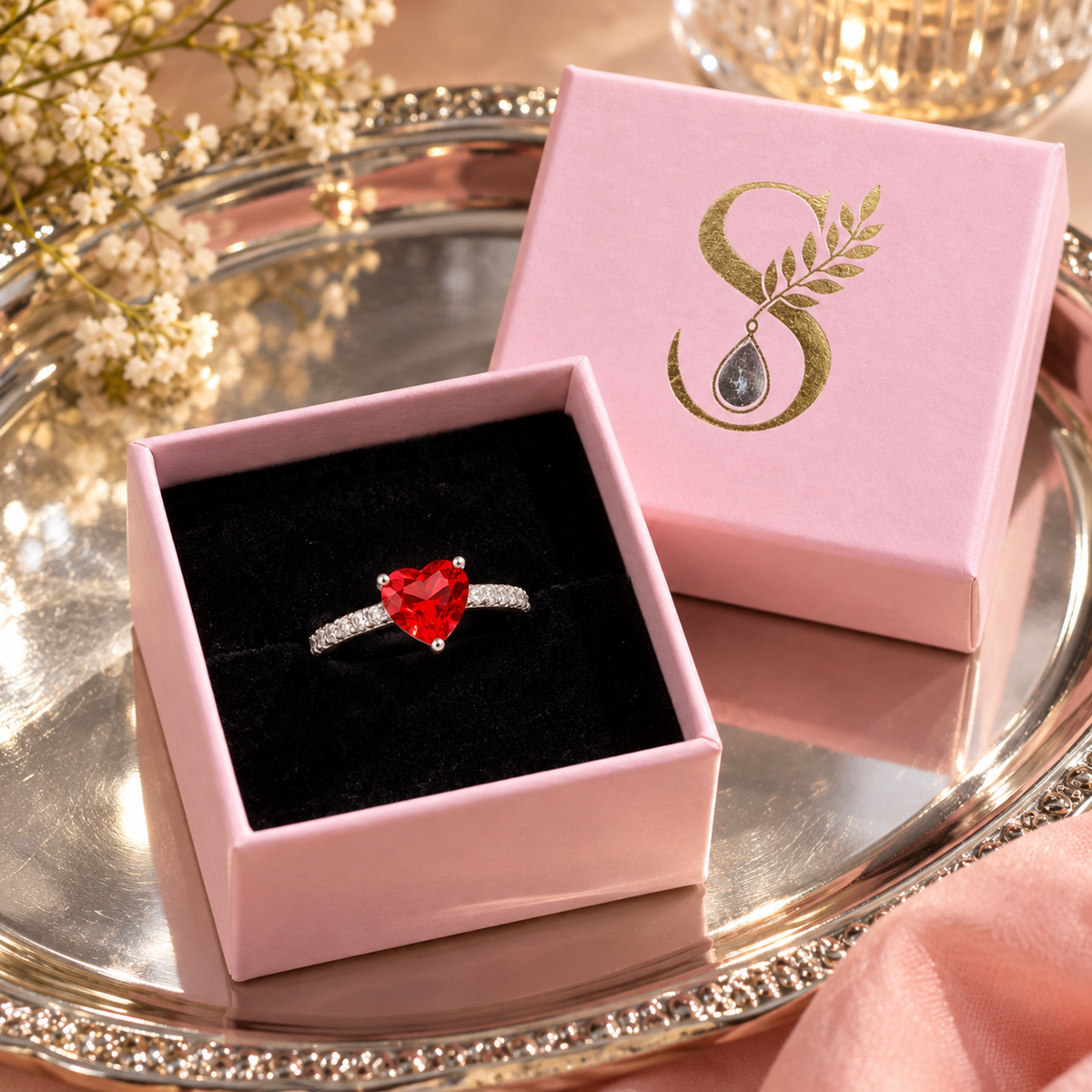 Silver ring in an open pale pink Silvanya jewelry box.