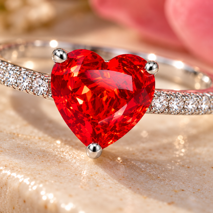 Macro detail of a red heart stone and pave setting on a silver ring.