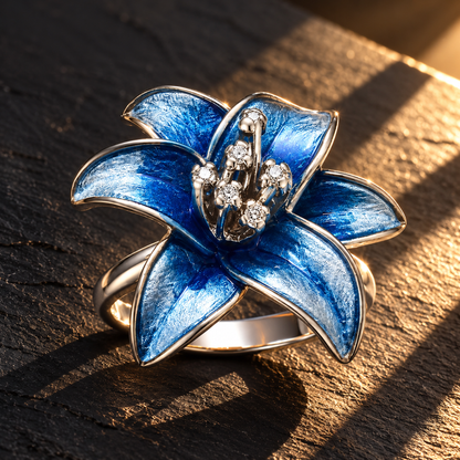 Blue lily silver ring resting on dark slate under dramatic sunlight.