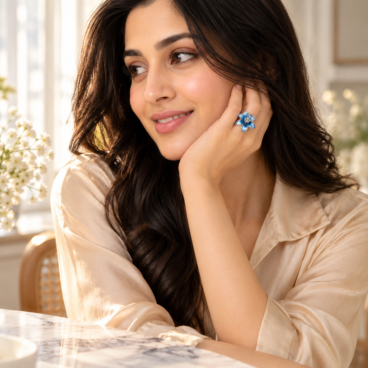 Model wearing the blue lily silver ring while resting her hand near her face.