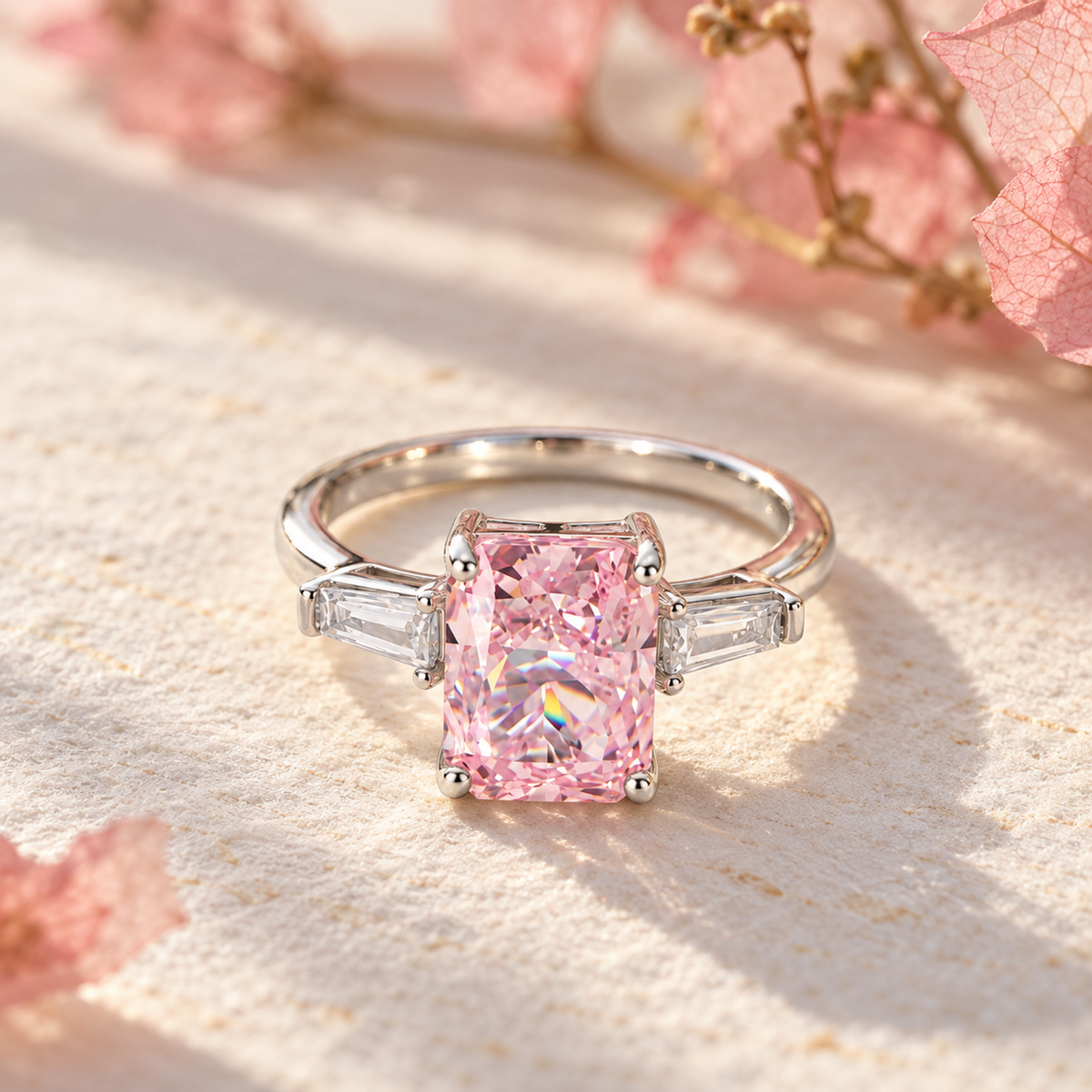 A silver ring with a pink gemstone resting on ivory handmade paper next to a soft pink flower.