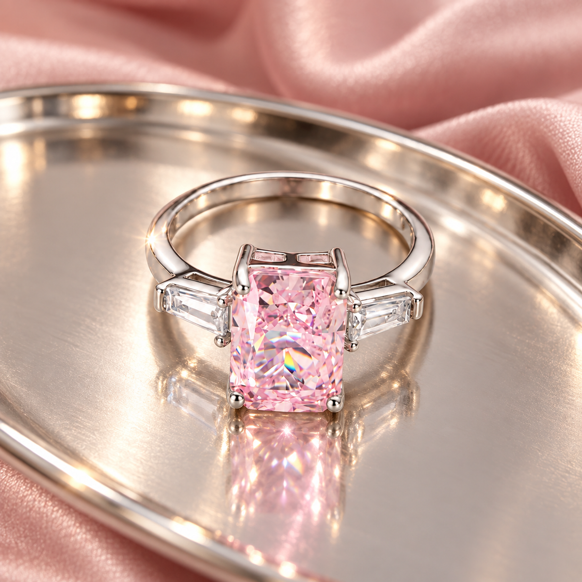 A silver ring with a pink central stone on a reflective silver tray with pink silk drapery.