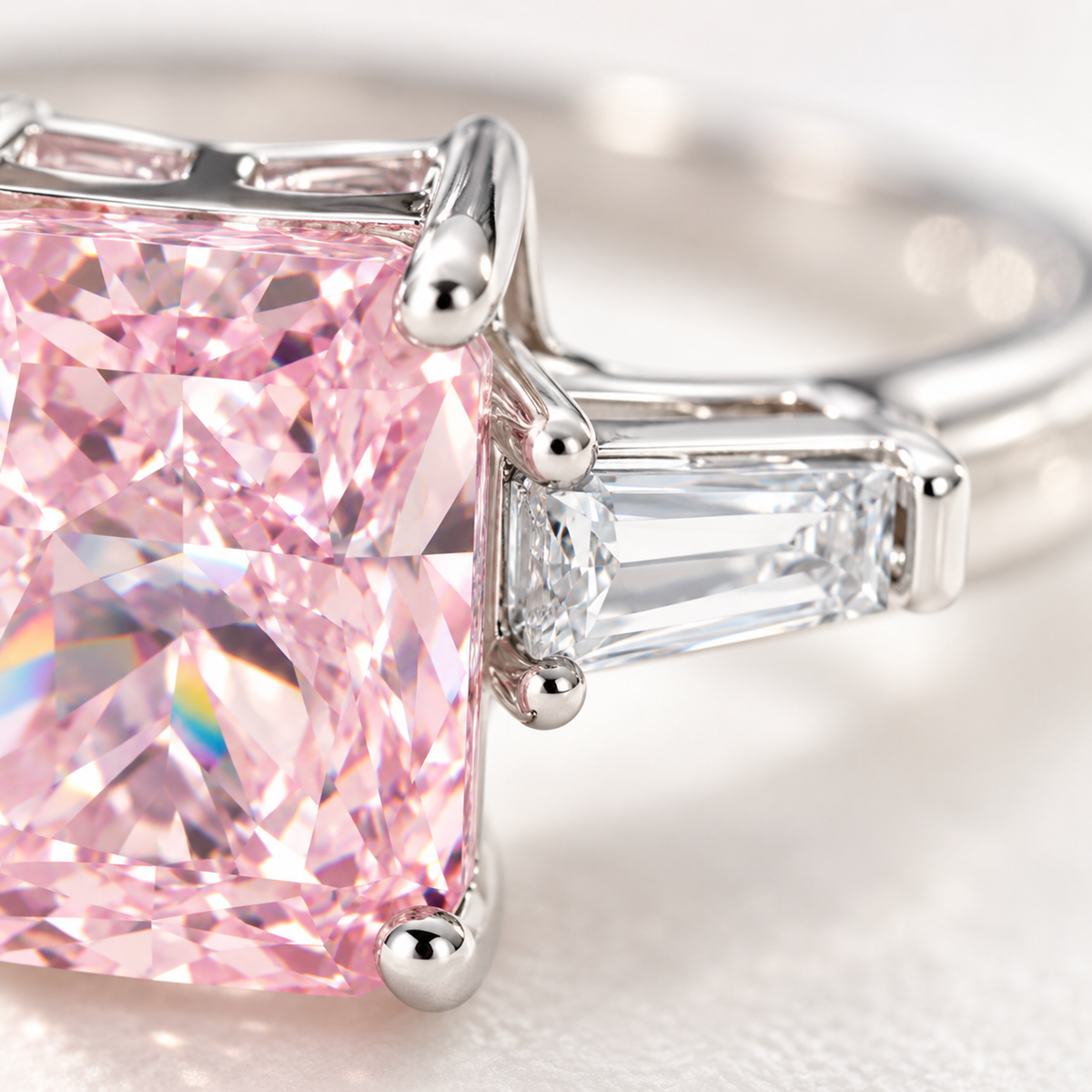 Macro close-up of the four-prong setting and clear baguette stones of a pink gemstone silver ring.
