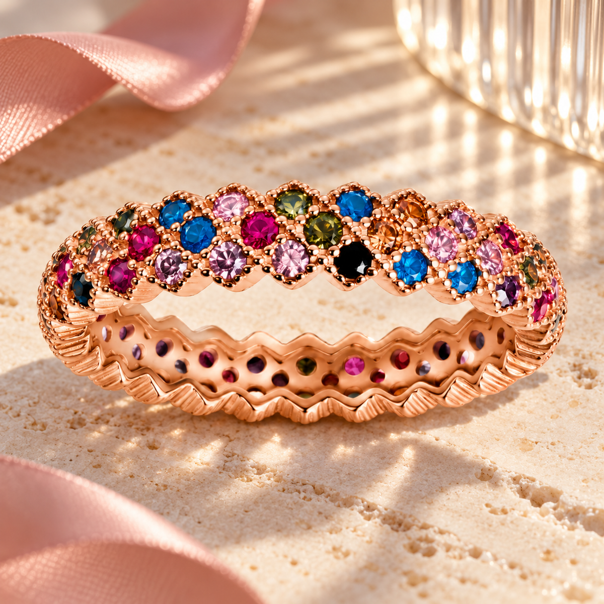 Rose gold rainbow gemstone ring on a matte black ceramic pedestal with warm gold accents.