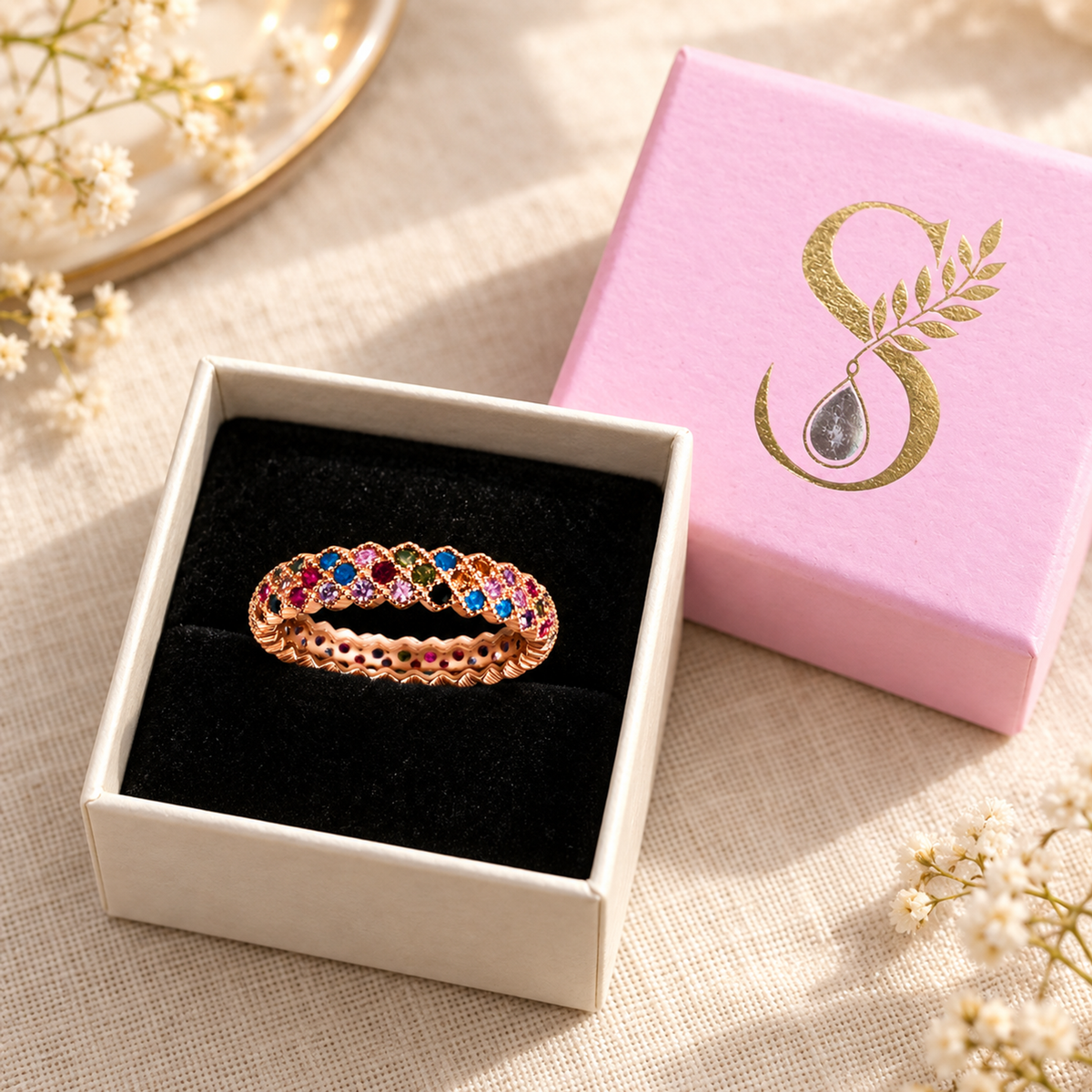Macro detail of pavé-set multicolour stones and scalloped rose gold borders.