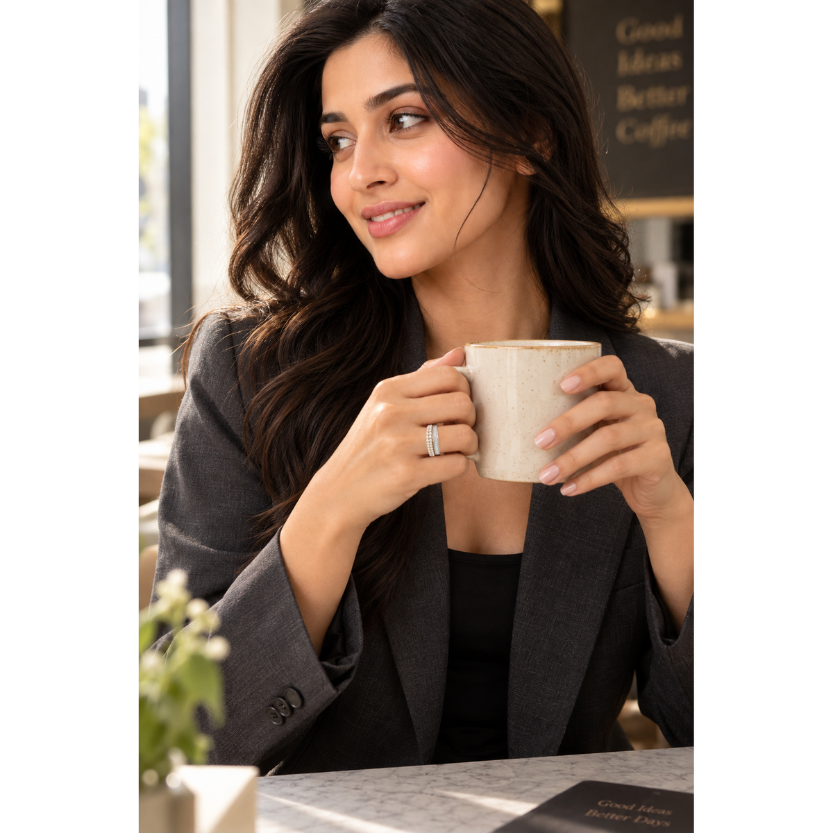 Model holding a mug wearing a dual-row silver bypass ring.