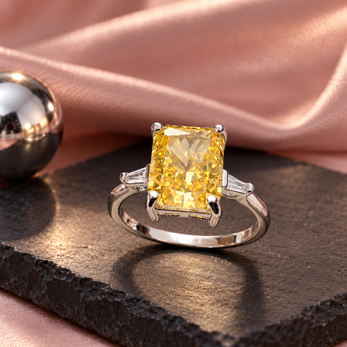 Silver ring with a yellow stone standing on a matte black tile with draped blush pink silk in the background.