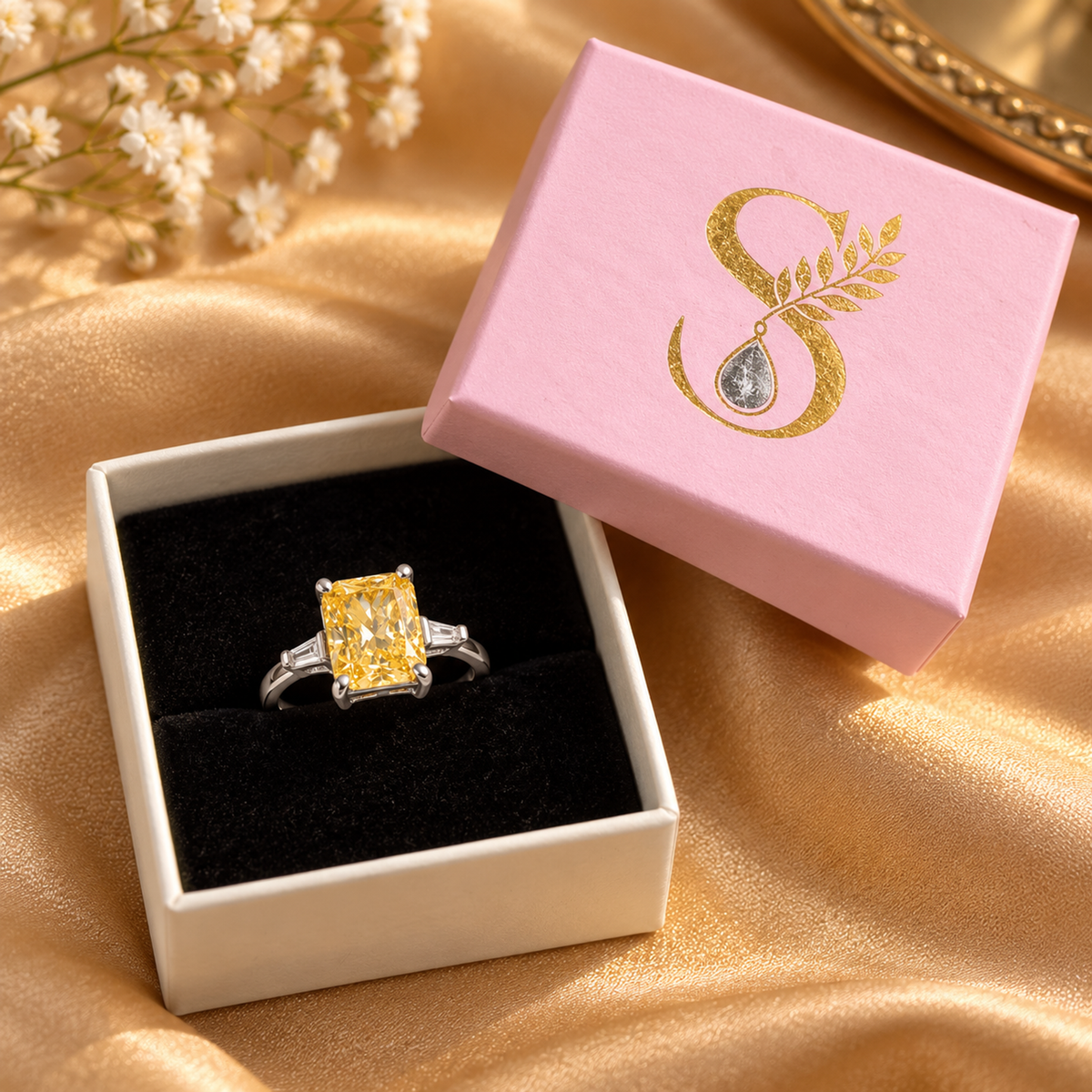 Silver ring with a yellow stone inside a pale pink Silvanya box on a warm gold satin surface.
