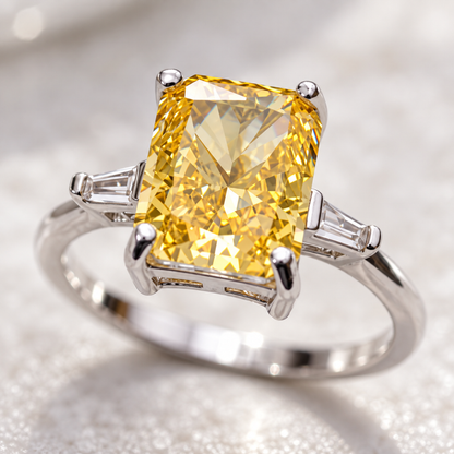 Extreme close-up of a radiant-cut yellow gemstone set in a silver ring with clear baguette stones.