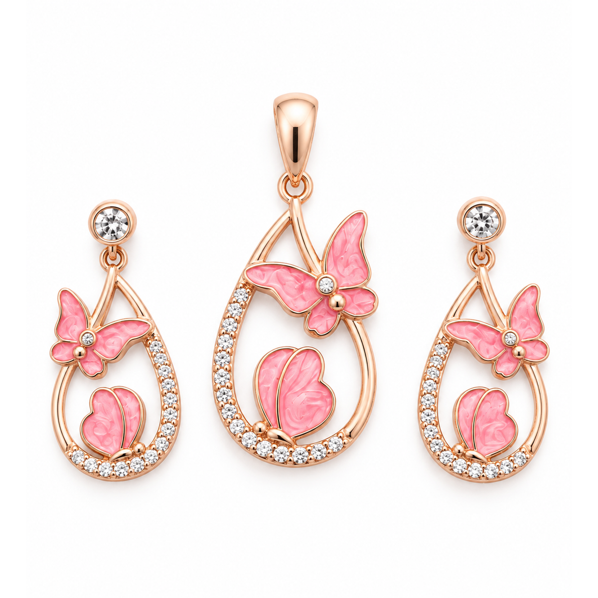 Rose gold teardrop pendant and matching butterfly earrings on a pure white background.