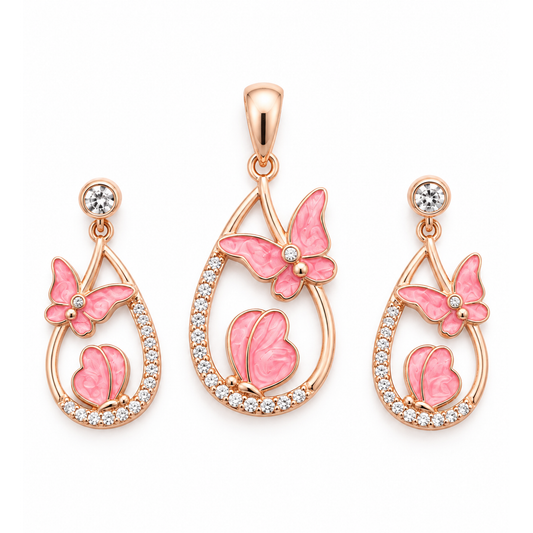 Rose gold teardrop pendant and matching butterfly earrings on a pure white background.