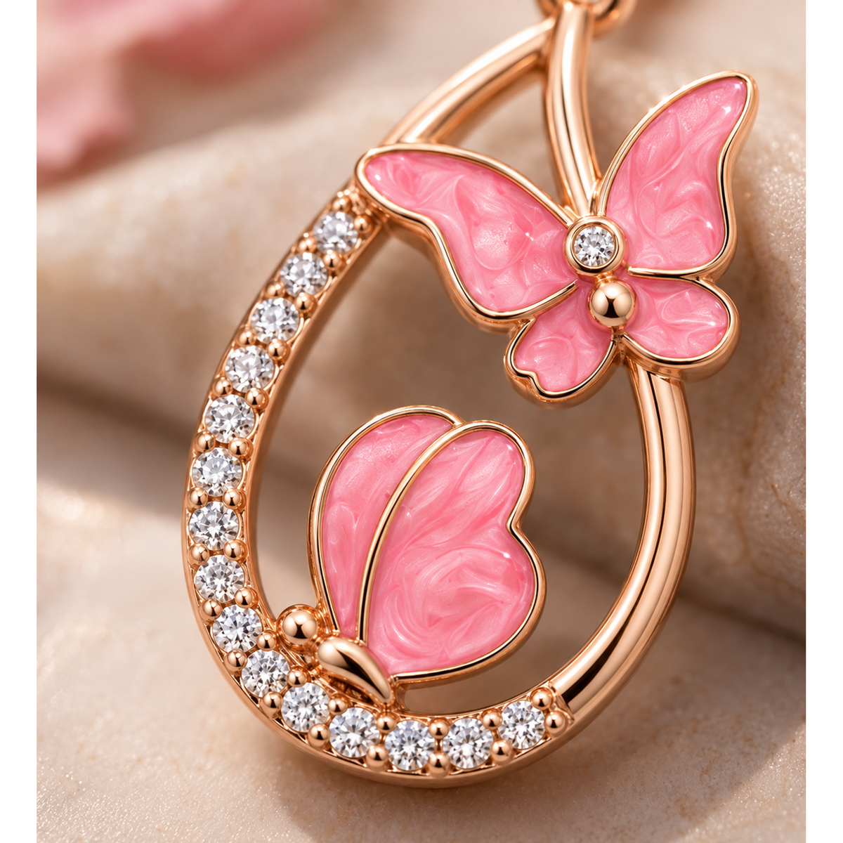 Macro detail of pink enamel butterfly wing and clear cubic zirconia stones on silver pendant.