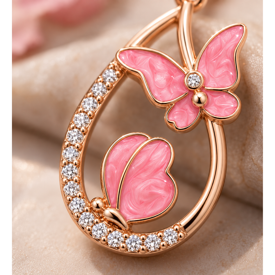 Pink butterfly teardrop frame pendant in rose gold with sparkling stones