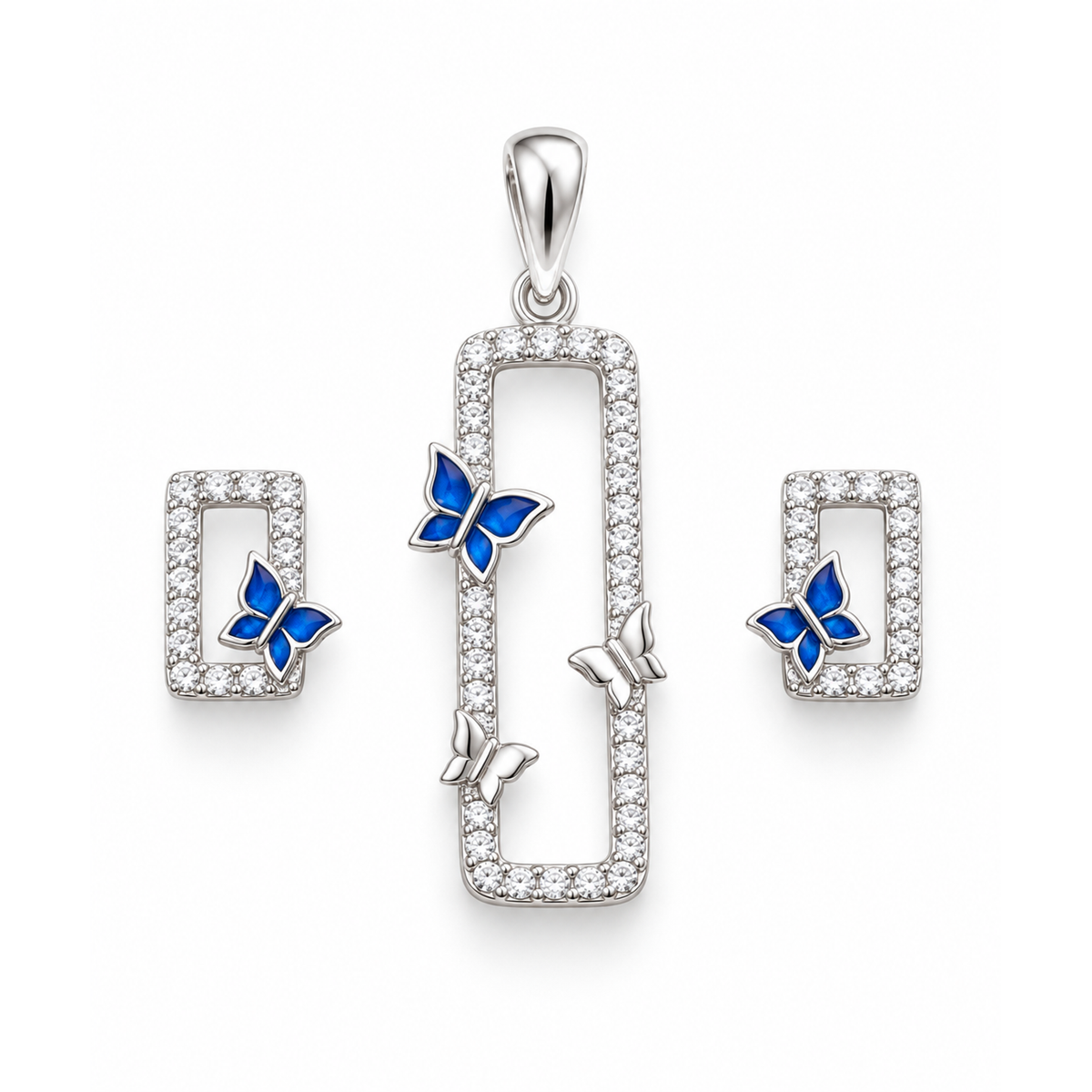 Silver rectangular pendant and matching stud earrings set with clear stones and blue enamel butterfly accents on white background.