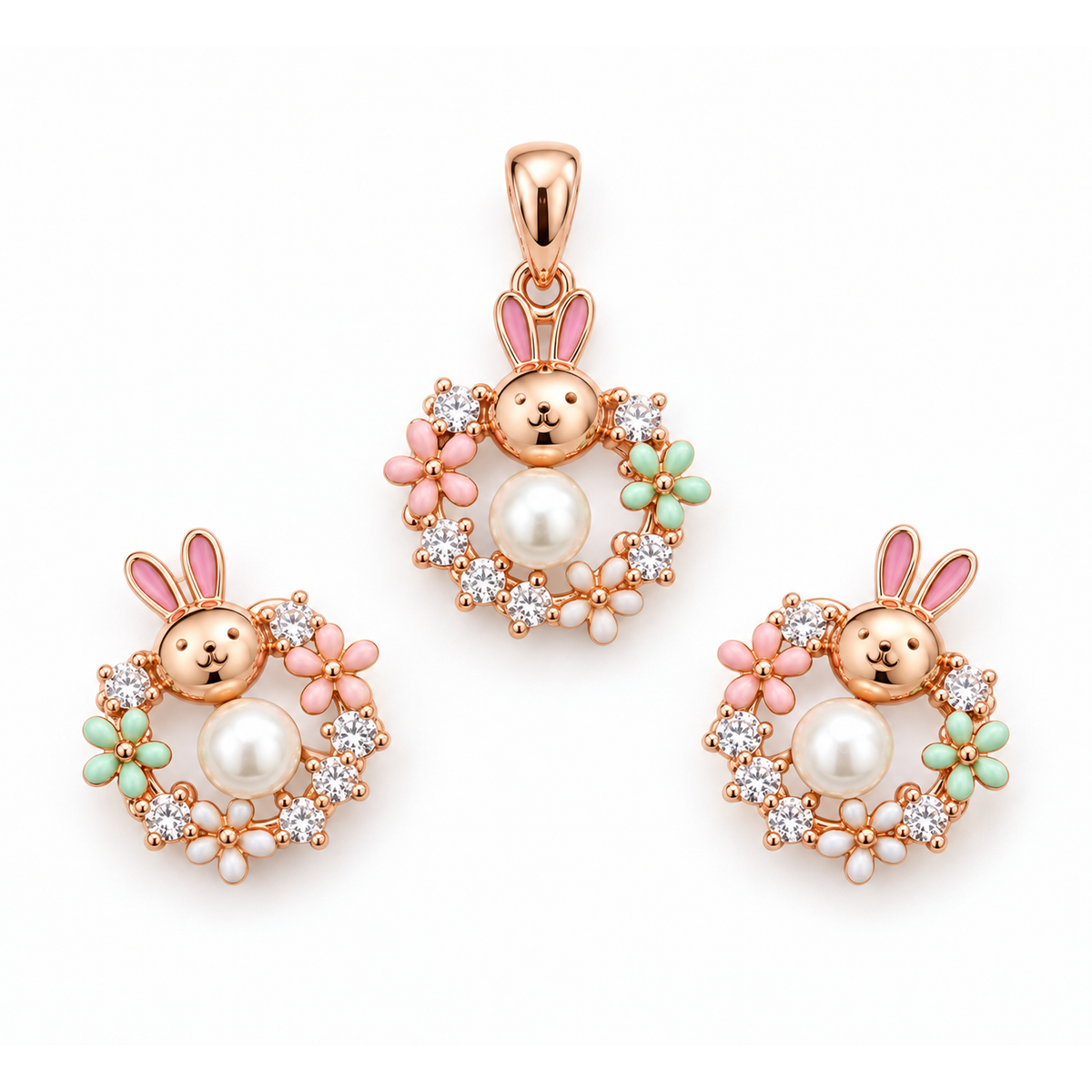 Rose gold bunny pendant and matching stud earrings with pearls on a plain white background.