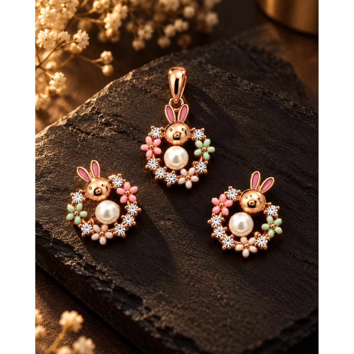 Rose gold floral bunny jewellery set resting on a textured black slate surface.
