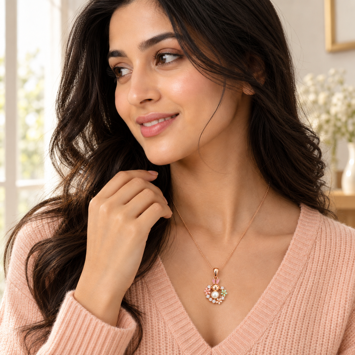 Model wearing a rose gold floral bunny pearl pendant necklace with a peach sweater.