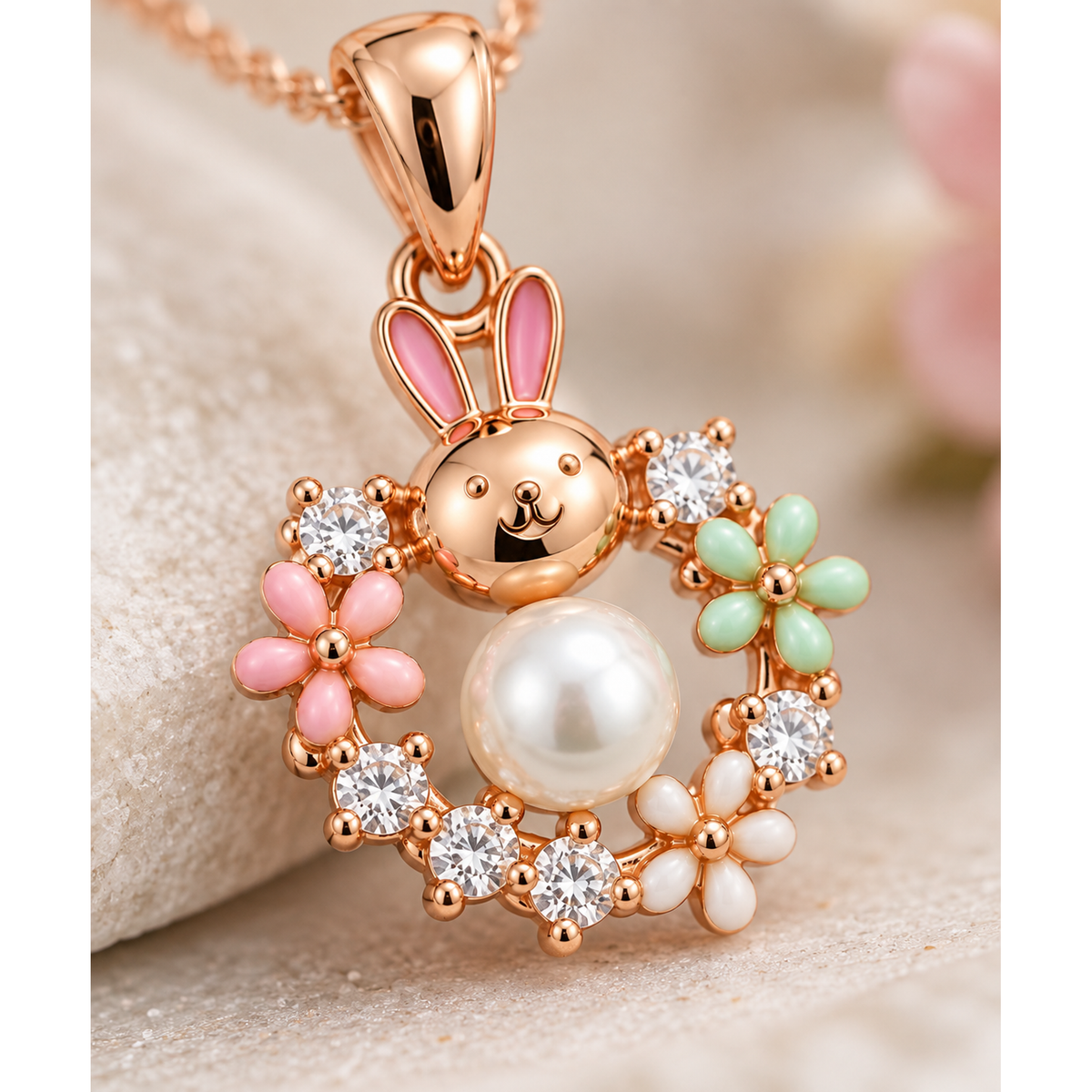 Detailed close-up of a central pearl and enamel floral detailing on rose gold jewellery.