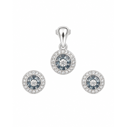 Jewellery set presented on a seamless white surface in even studio light.