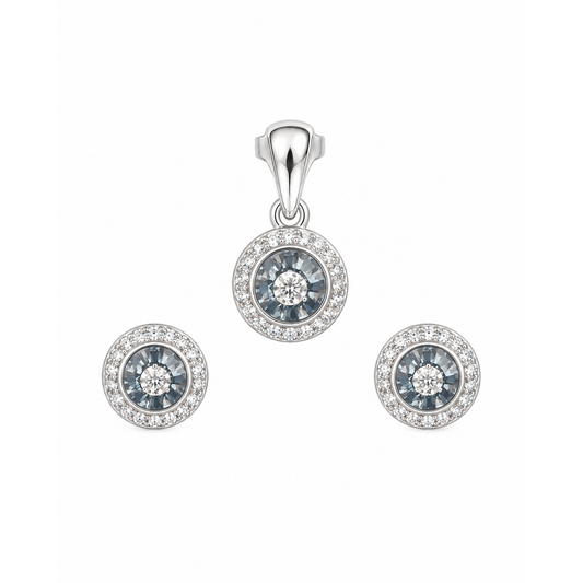 Jewellery set presented on a seamless white surface in even studio light.