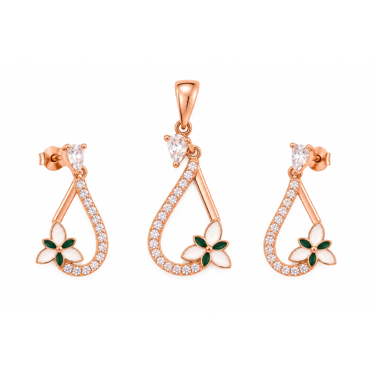 Rose gold drop pendant with two matching earrings on a plain white background.