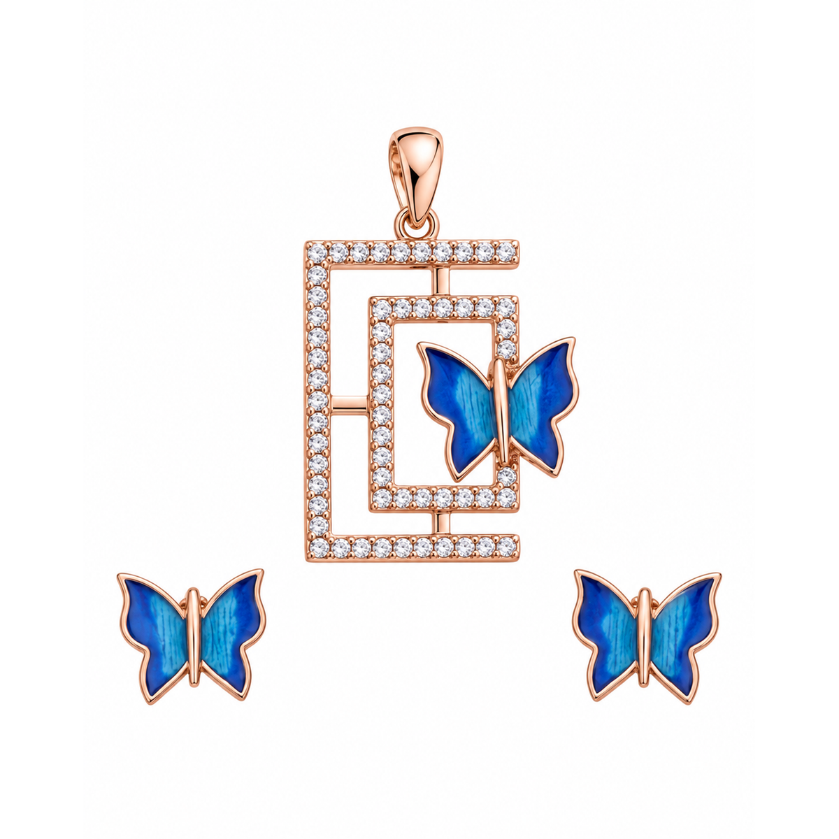 Rose gold butterfly pendant with matching studs on a plain white background.