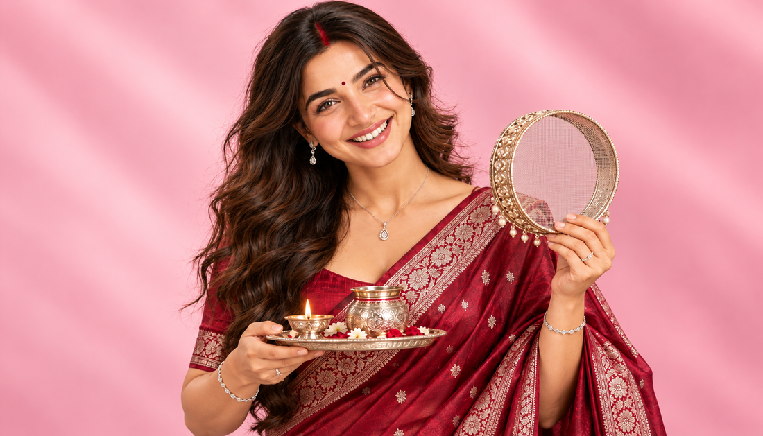 Model in festive ivory wearing a Silvanya silver pendant, earrings, ring and bracelet