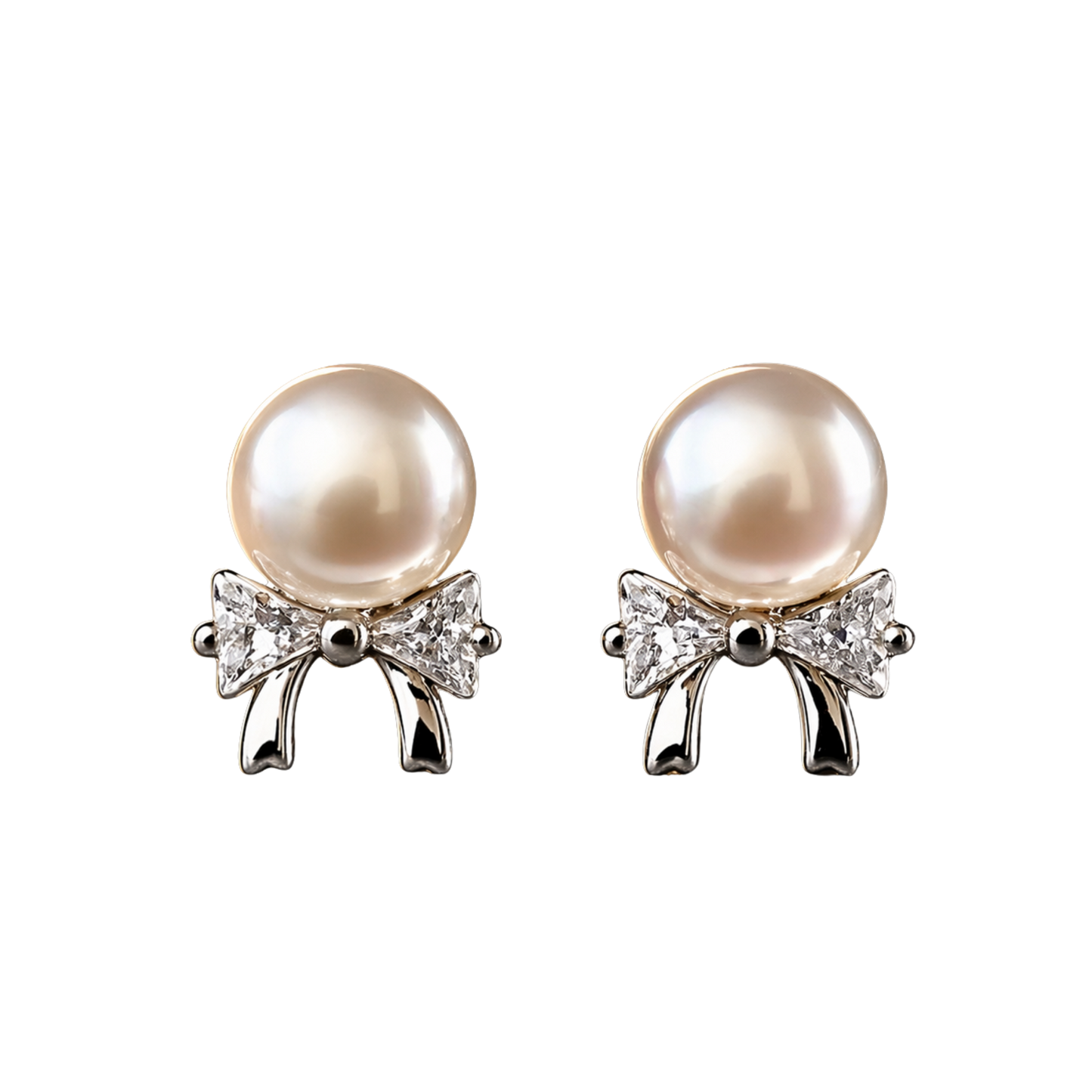 925 sterling silver pearl bow stud earrings with sparkling CZ stones