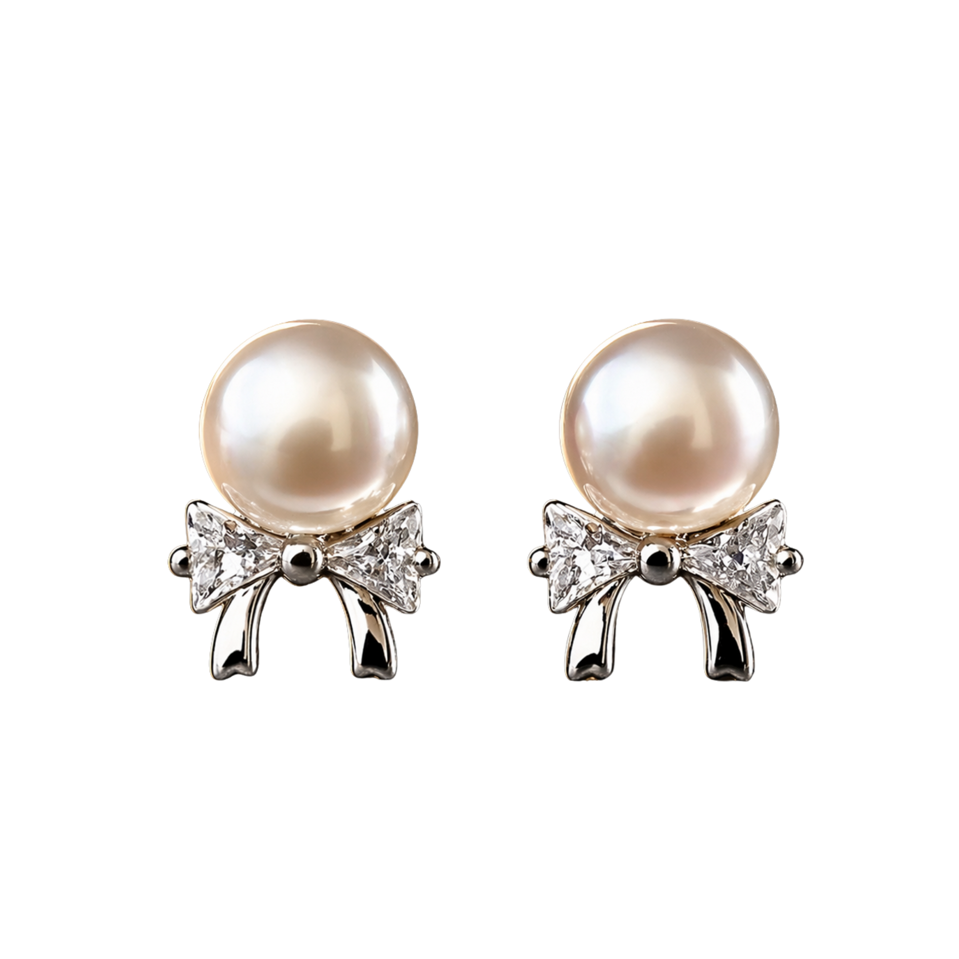 925 sterling silver pearl bow stud earrings with sparkling CZ stones