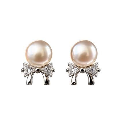 925 sterling silver pearl bow stud earrings with sparkling CZ stones