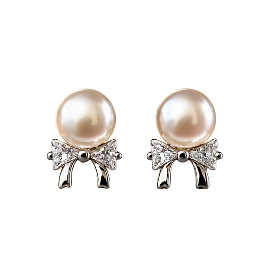 925 sterling silver pearl bow stud earrings with sparkling CZ stones