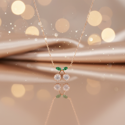 Rose Gold Cherry Pendant Necklace with CZ Stones