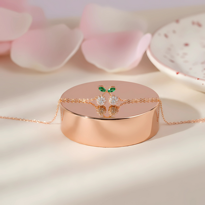 Rose Gold Cherry Pendant Necklace with CZ Stones