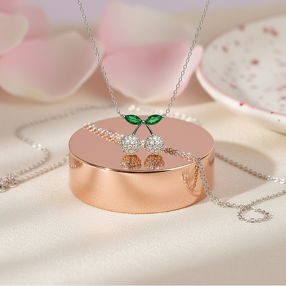 Sterling Silver Cherry Pendant Necklace with CZ Stones & Green Enamel