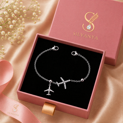 Silvanya Sterling Silver Airplane & Crystal Cross Charm Bracelet