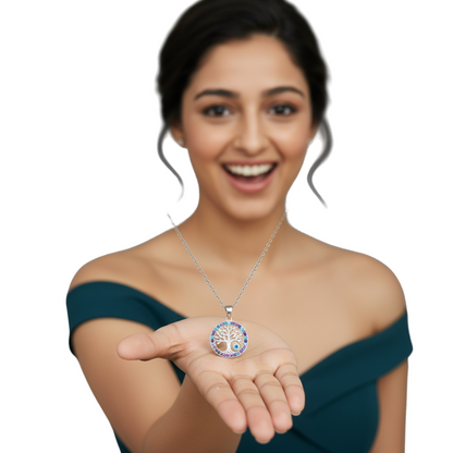 Silvanya Tree-Eye Pendant — 925 Sterling Silver Tree of Life Necklace with Blue & Purple Stones