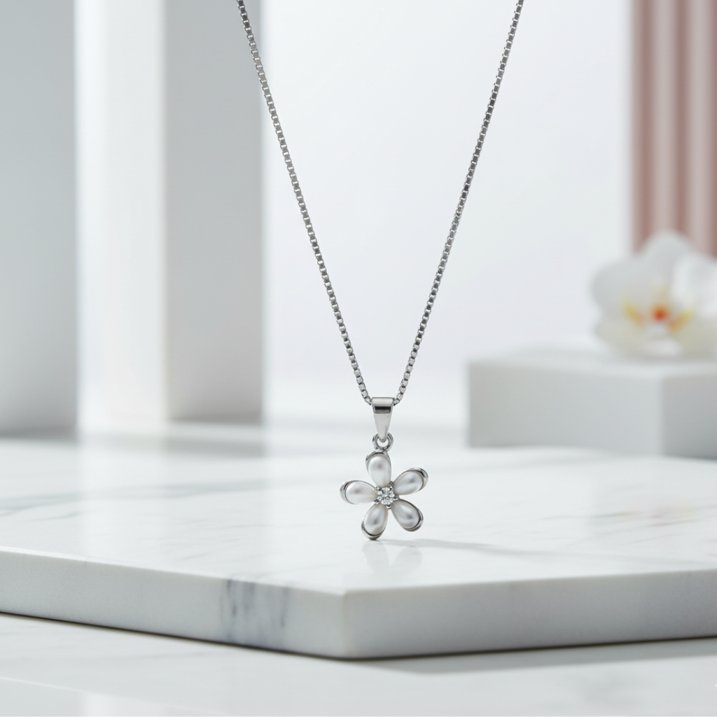 Sterling Silver Flower Pendant Necklace with Pearl Petals & CZ Center Silvanya