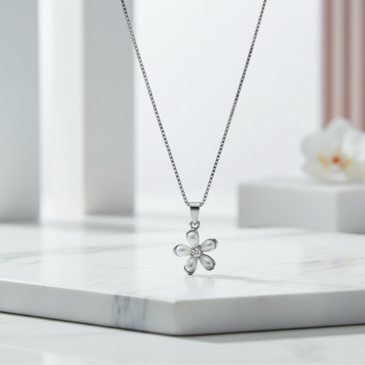 Sterling Silver Flower Pendant Necklace with Pearl Petals & CZ Center Silvanya