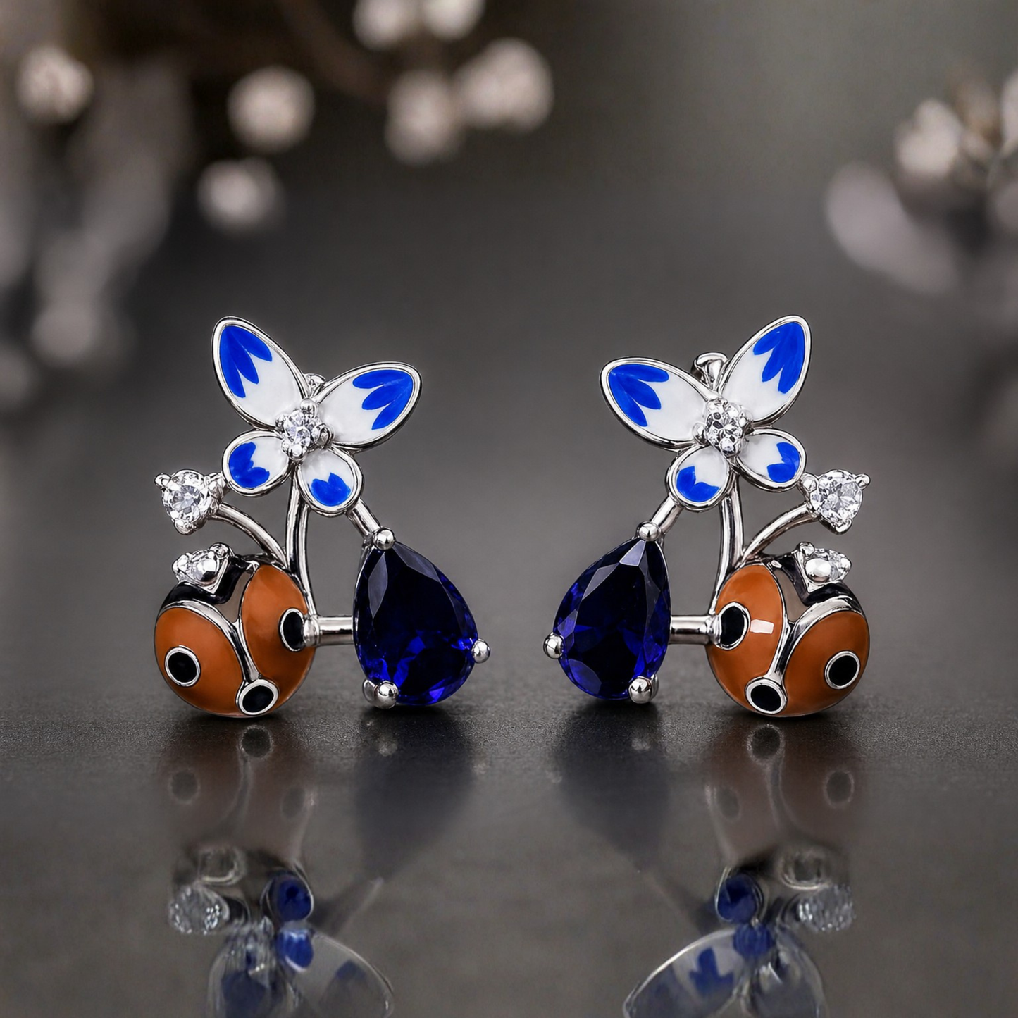 Enchanted Butterfly & Ladybug Blue Drop Earrings in Sterling Silver