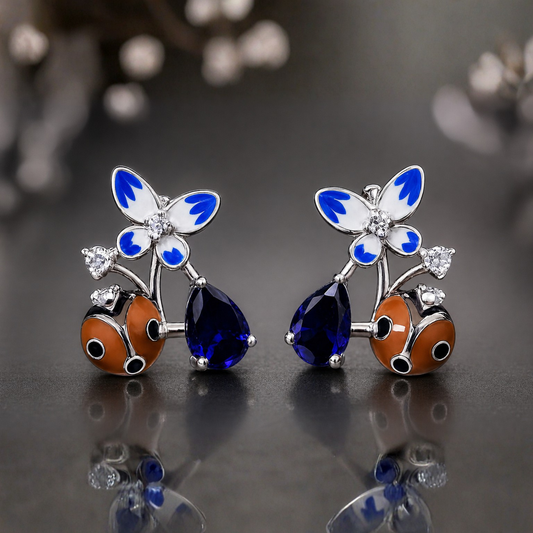Enchanted Butterfly & Ladybug Blue Drop Earrings in Sterling Silver